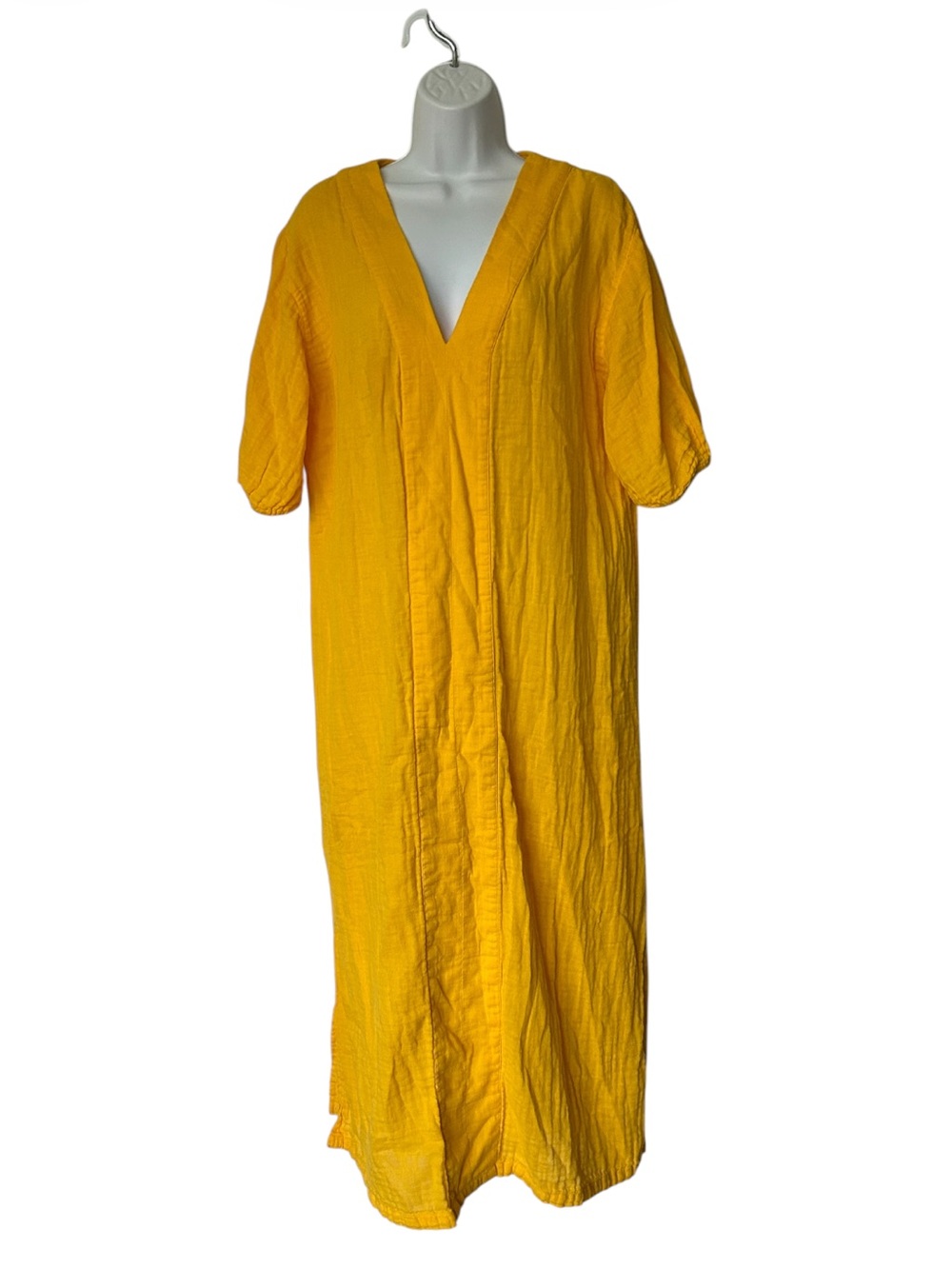 LAKE Marigold Cotton Gauze Midi Dress V Neck Puff Sleeve Resort Excellent XL - Picture 2 of 11